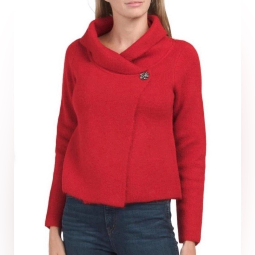 Adrienne Vittadini Marilyn Sweater Red Shawl Collar Jewel Button Wool Blend XL